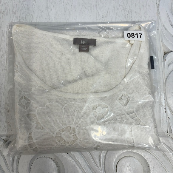 J Jill Knit Floral Sweater White Linen Blend L Petite Sheer - Picture 7 of 7